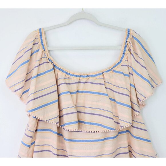 Lane Bryant Off The Shoulder Pom Top Stripe Flounce Overlay Blouse Beige 26 / 28 - Picture 7 of 7